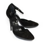 BALENCIAGA, BLACK SUEDE HEELS With a patent leather sole and heel, ankle strap (size 39). (heel 12.