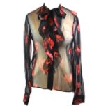 PRADA, BLACK CHIFFON BLOUSE With floral detail (size 44). B