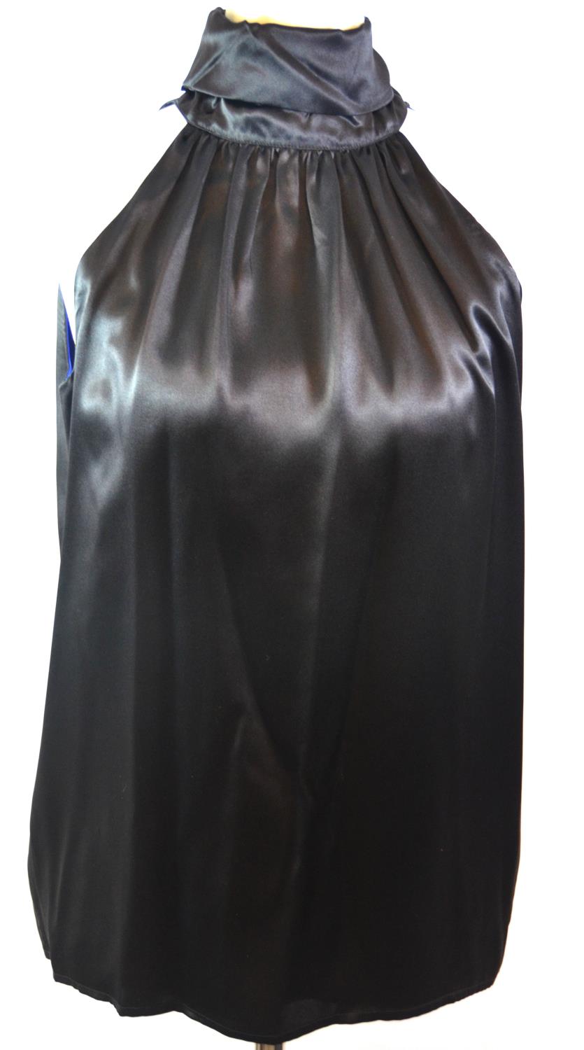 CHER MICHEAL KLEIN, BLACK SILK TOP High neck, sleeveless with Royal blue lining (size 40). A