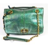 LANVIN, TURQUOISE SNAKESKIN BAG With golden chain and green cloth straps. C