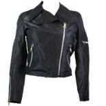 MICHAEL KLEIN, BLACK SILK JACKET With silver zip pockets and front, pointed collar (size 38). A