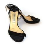 JIMMY CHOO, BLACK SATIN SANDALS With ankle strap (size 39½). (heel 10.5cm) C