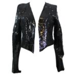 CHLOÉ, BLACK COTTON JACKET With black sequins, long sleeves, no fascinators (size 38). B