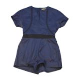 BALENCIAGA, NAVY BLUE COTTON JUMPSUIT With short sleeves, four faux pockets, black cross stitch