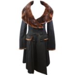 JEAN-PAUL GAULTIER, BLACK WOOL COAT With brown fur trim along collar and cuffs, large black