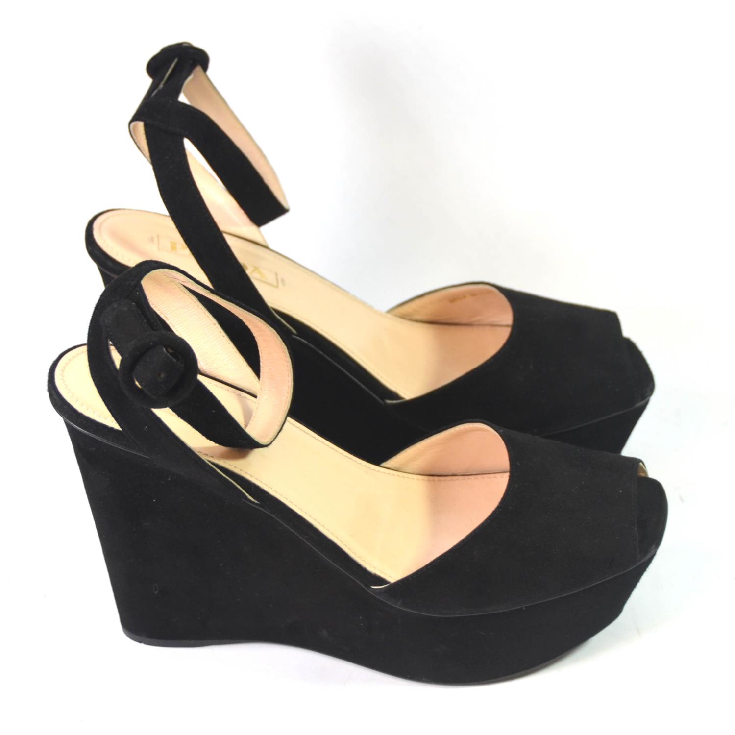 PRADA, BLACK SUEDE WEDGE HEELS With ankle strap with circle buckle, open toe (size 39). (heel 11. - Image 3 of 5