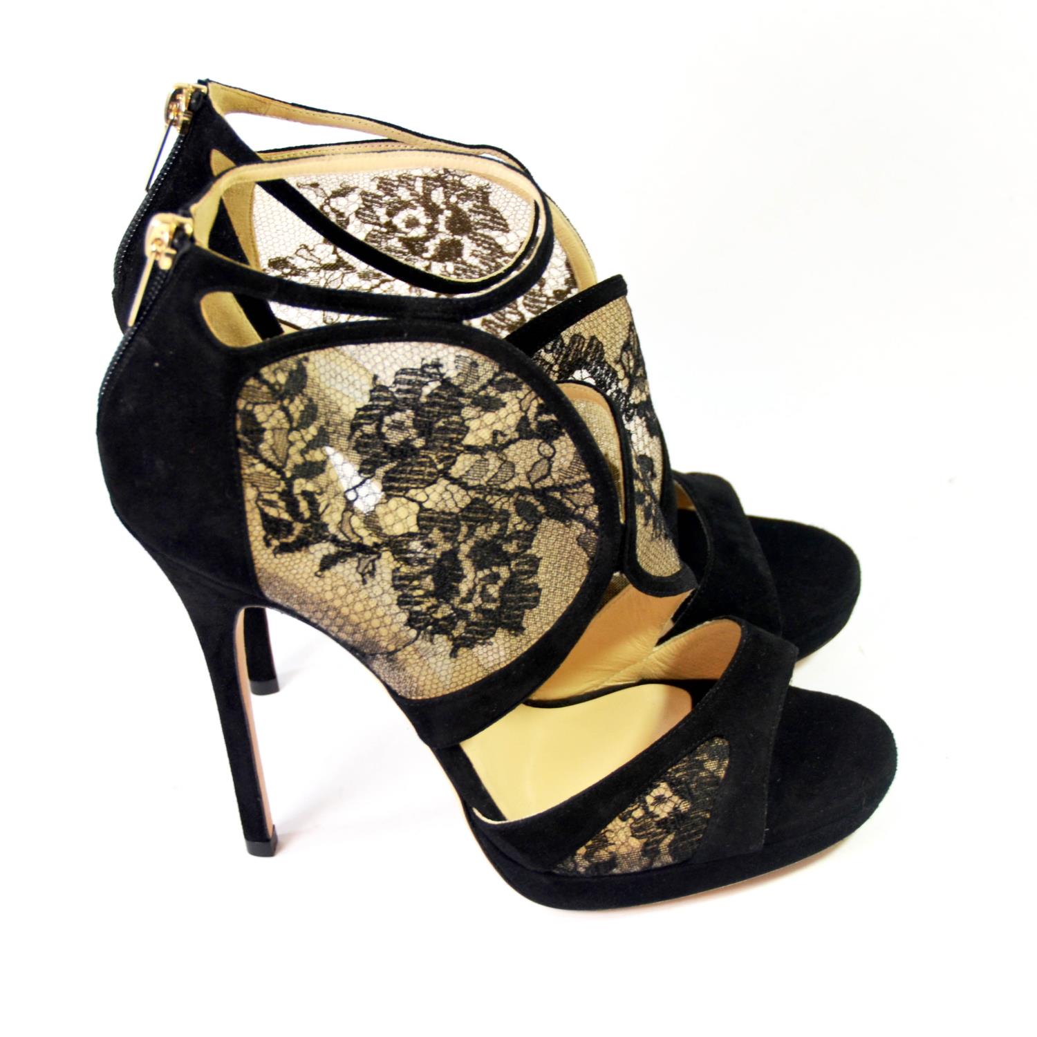 JIMMY CHOO, BLACK SUEDE HEELS With black lace panels, open toe, ankle straps, back zip (size 39). ( - Image 3 of 5