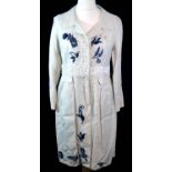 PRADA, OFF WHITE LINEN SHIRT DRESS With white beaded detail, black embroidered flowers with white