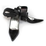 DOLCE & GABBANA, BLACK LEATHER HEELS With pointed toe and Velcro ankle strap (size 39). (heel 9.5cm)
