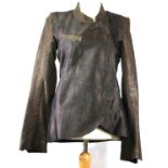 THOMAS WYLDE, BROWN SILK JACKET With leather sleeves, repeated beetle design, hidden zip and