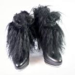 ALEXANDER MCQUEEN, BLACK LEATHER BOOTS With textured fur around ankle, leather belt with silver