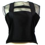 KISA, BLACK SILK TOP With mesh illusion neckline, sleeveless, slight tailored waist, ribbon H design