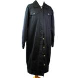 5 PREVIEW, BLACK CANVAS FABRIC KNEE LENGTH COAT With 'DON'T LOOK BACK' printed on back in white,