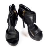 YVES SAINT LAURENT, BLACK LEATHER HEELS With thick ankle support, ankle strap, open toe, side zip (