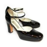 CASADEI, PATENT LEATHER HEELS With buckle ankle strap and round toe (size 8.5). (heel 10cm) B