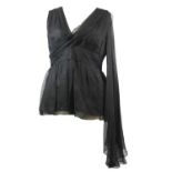 LEON MAX, BLACK SILK SHIRT With deep v neckline, sleeveless, slight folds along fabric, length of