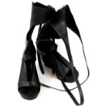 RICK OWENS, BLACK LEATHER BOOTS With back zip, ankle support with long straps, open rounded toe,