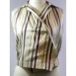 ROMEO GIGLI, OFF WHITE SILK WAISTCOAT With plum and olive vertical stripes, pointed collar, white