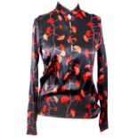 ALLEGRA HICKS, BLACK SILK SHIRT With folded cuffs and red floral design throughout (size 10). B