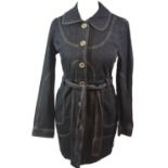 FREDA, DENIM LONG JACKET With rounded collar, buttons along middle front, fabric tie along waist (
