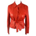 MIU MIU, RED LEATHER JACKET With two faux front pockets, popper buttons along front, pointed