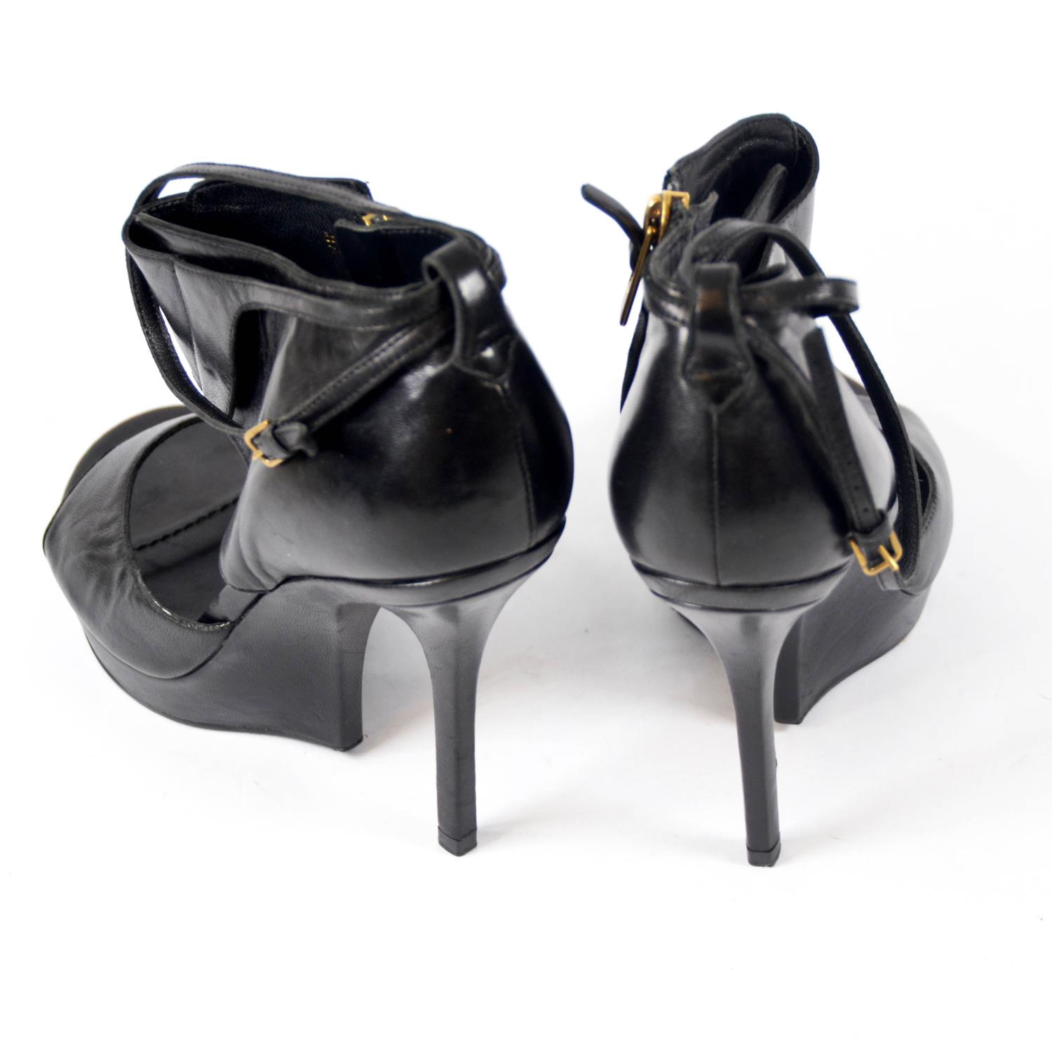 YVES SAINT LAURENT, BLACK LEATHER HEELS With thick ankle support, ankle strap, open toe, side zip ( - Image 5 of 5