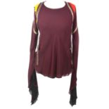 CHLOÉ, MAROON SILK SHIRT With silver beaded decoration along sleeves and front, red and yellow