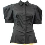 PRADA, BLACK COTTON SHIRT With cap sleeves, pointed collar, ruffled design along middle, slight