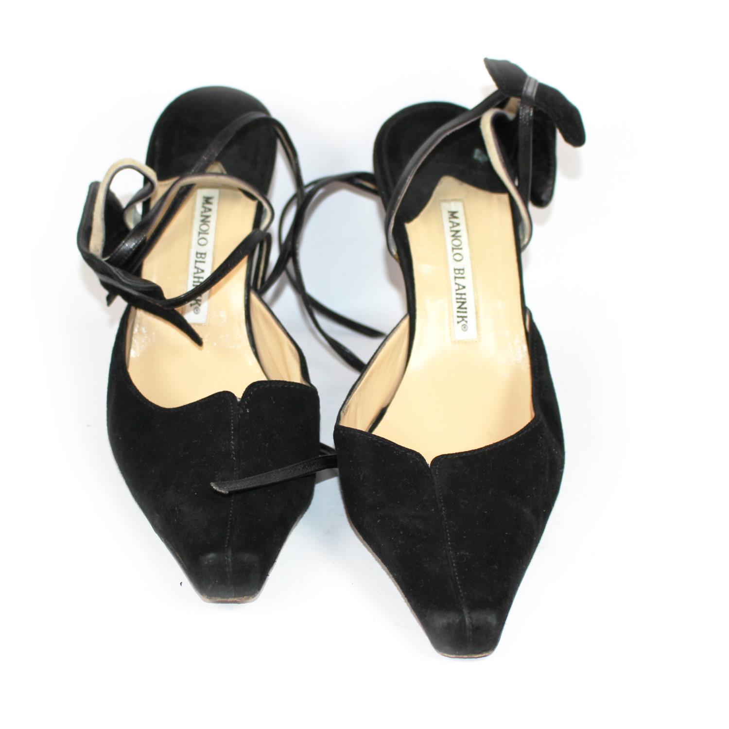 MANOLO BLAHNIK, BLACK SUEDE HEELS With a leather strap and suede ankle support (size 39½). (square - Image 2 of 5