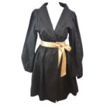 CHER MICHEL KLEIN, BLACK SILK COAT With beige silk ribbon tie along waist, shawl lapel collar,