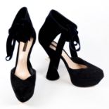 LOUIS VUITTON, BLACK SUEDE HEELS With ribbon lace up ankle support, pointed wedge toe, hourglass