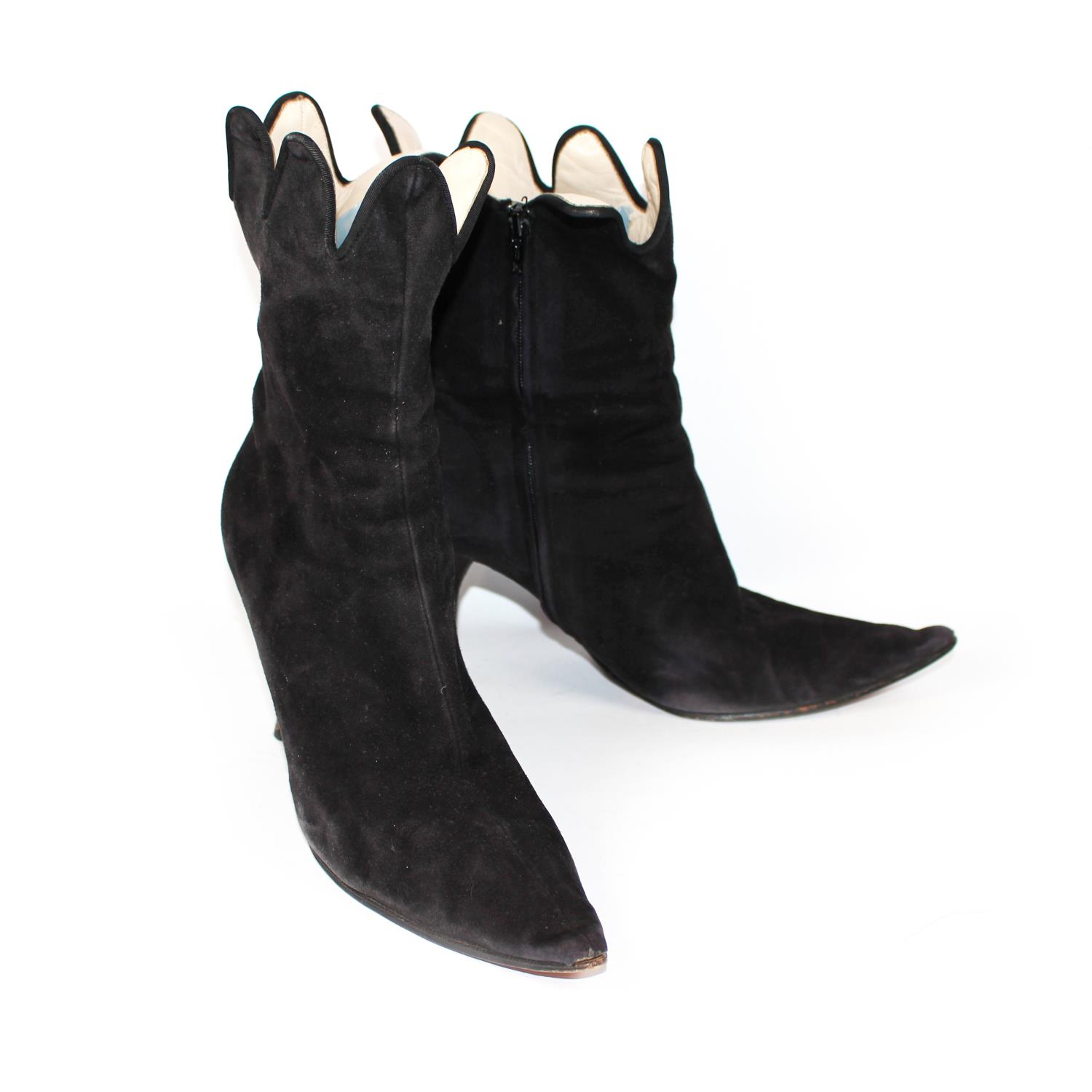 VIVENNE WESTWOOD, BLACK SUEDE ANKLE BOOTS With side zip, scalloped edge and pointed toe (size