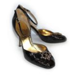 DOLCE & GABBANA, BLACK LEATHER SANDALS With an open toe, snakeskin style design, ankle strap,
