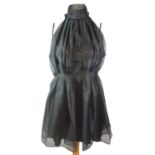 NO LABEL, BLACK 'POLYESTER' DRESS With high neckline, pleated design along front, ribbons attached