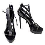 GUCCI, BLACK LEATHER SANDALS With double ankle straps, open toe, cut out geometric design, back