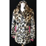 PINKO, FAUX LEOPARD FUR COAT With golden buttons, elasticated red, white and navy blue cuffs and red