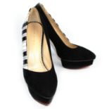 CHARLOTTE OLYMPIA, SUEDE AND PATENT LEATHER HEELS With piano key design to sides (size 39.5). (