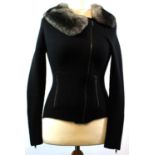 NEIMAN MARCUS, BLACK CASHMERE CARDIGAN With zip along front, real fur trim collar and two front