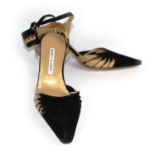MANOLO BLAHNIK, BLACK LEATHER SANDALS With a velvet pointed toe, twisted gold design and ankle