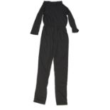 NO LABEL, BLACK POLYESTER JUMPSUIT With high neck, long sleeves, pockets on front (size M). B