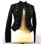 BETSEY JOHNSON, BLACK COTTON JACKET With bronze buttons along front, high neck, long sleeves (size