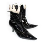 VIVIENNE WESTWOOD, BLACK PATENT LEATHER ANKLE BOOTS With a scalloped edge, pointed toes (size