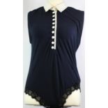 GEORGES RECH, NAVY BLUE COTTON BODYSUIT With white Peter Pan collar and white buttons down front,