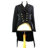 PUNK RAVE, BLACK 'WOOL' COAT With dinner jacket tails, bronze popper buttons, buckles along