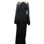 JERRY PARKHAM, BLACK SILK DRESS With long mesh sleeves with ruffled cuffs, white Peter Pan collar