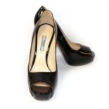 PRADA, BLACK PATENT LEATHER HEELS With open toe (size 39½). (heel 14cm) B