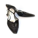 DOLCE & GABBANA, BLACK LEATHER HEELS With pointed toes, decorative frontal cut outs and thin ankle