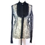 VALENTINO, BLACK LACE SHIRT With ruffled neckline, black mother of pearl buttons and pleated