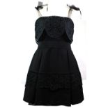 SELF PORTRAIT, BLACK COTTON DRESS With ribbon straps, back zip, guipure trim, slight pleated