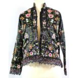 NO LABEL, VINTAGE BLACK 'SILK' JACKET With two front pockets, a colourful embroidered and beaded